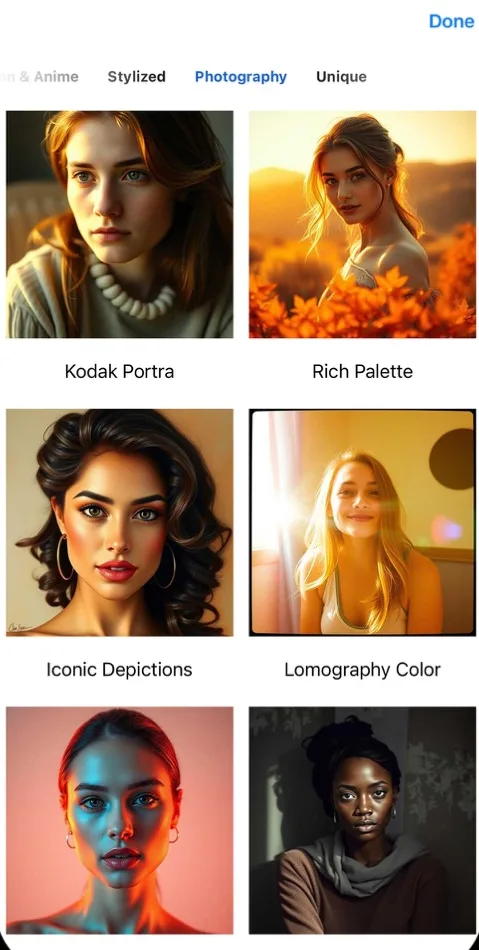 Photography styles tab with portrait samples in Kodak Portra, Rich Palette, Iconic Depictions, Lomography Color and Peach Cyan looks